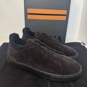 Zegna Triple Stitch Shearling Sneakers Black SZ 7 New W/ Box